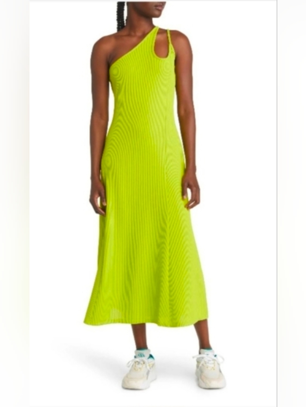 Topshop Women's One Shoulder Ribbed Midi Dress Sleeveless Neon Lime L